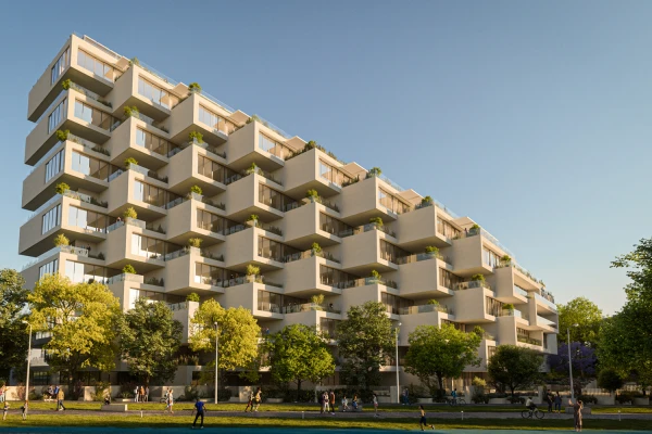 Edificio sostenible con fachada aislada, contribuyendo a la reducción de emisiones