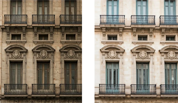 antes y despues de la rehabilitación de edificio historico en Madrid
